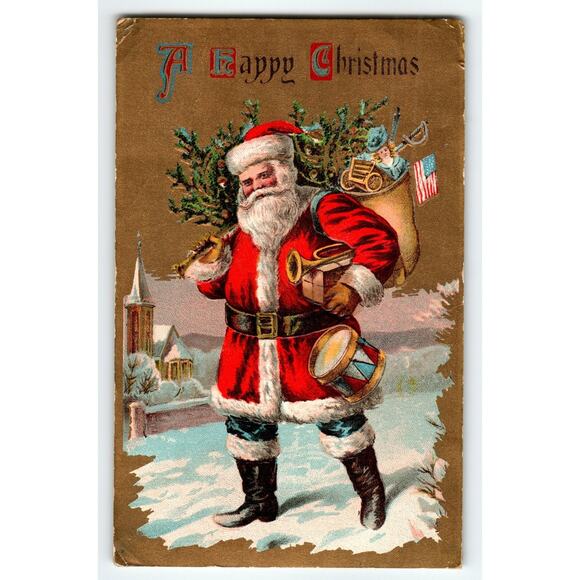 Vintage Santa Claus Christmas Postcard with Toys and Tree, Early 1900s - Picture 1 of 2